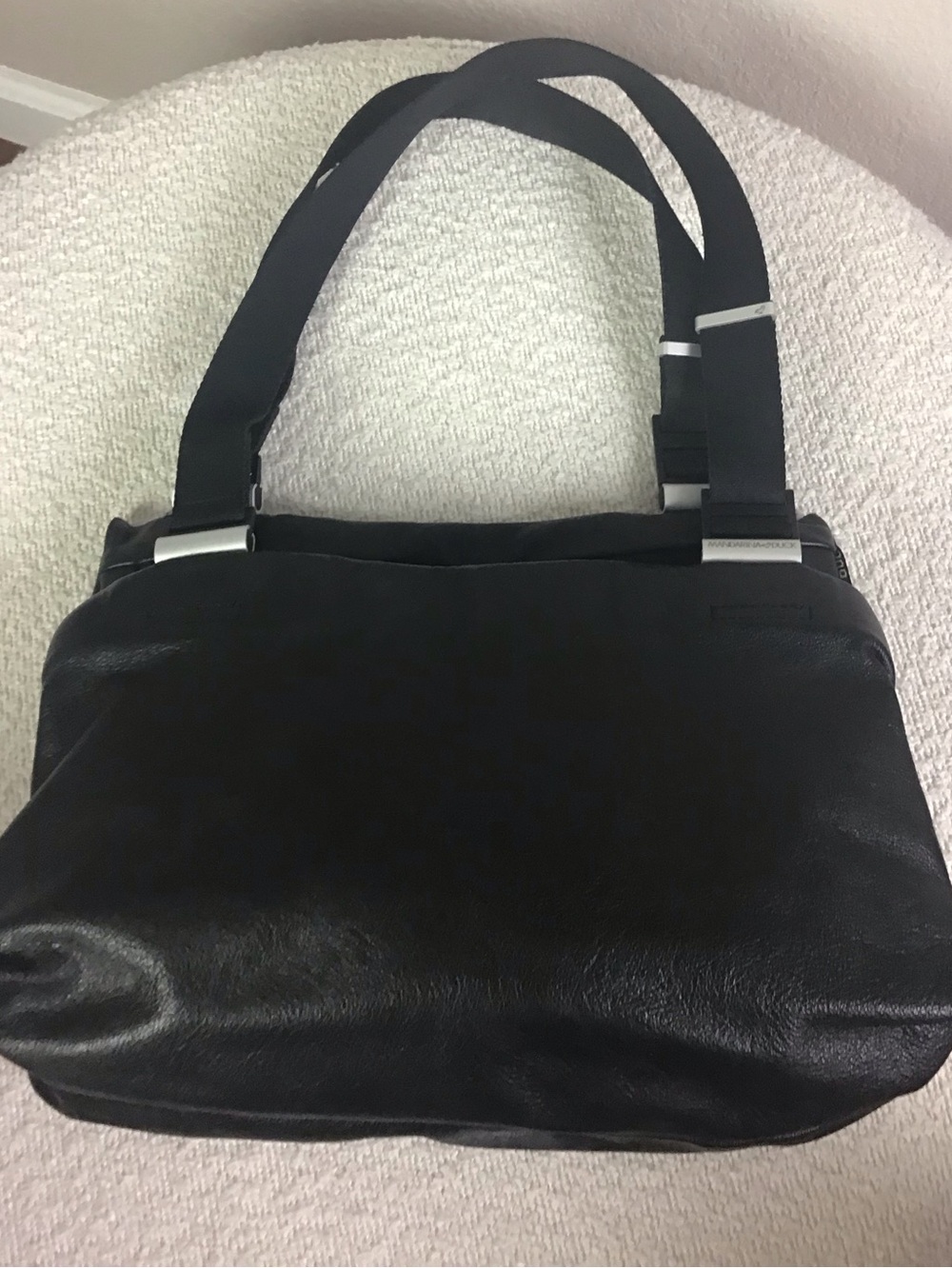Mandarin Duck Vintage Black Leather Tri Compartment Bag With Snap Off Pouch